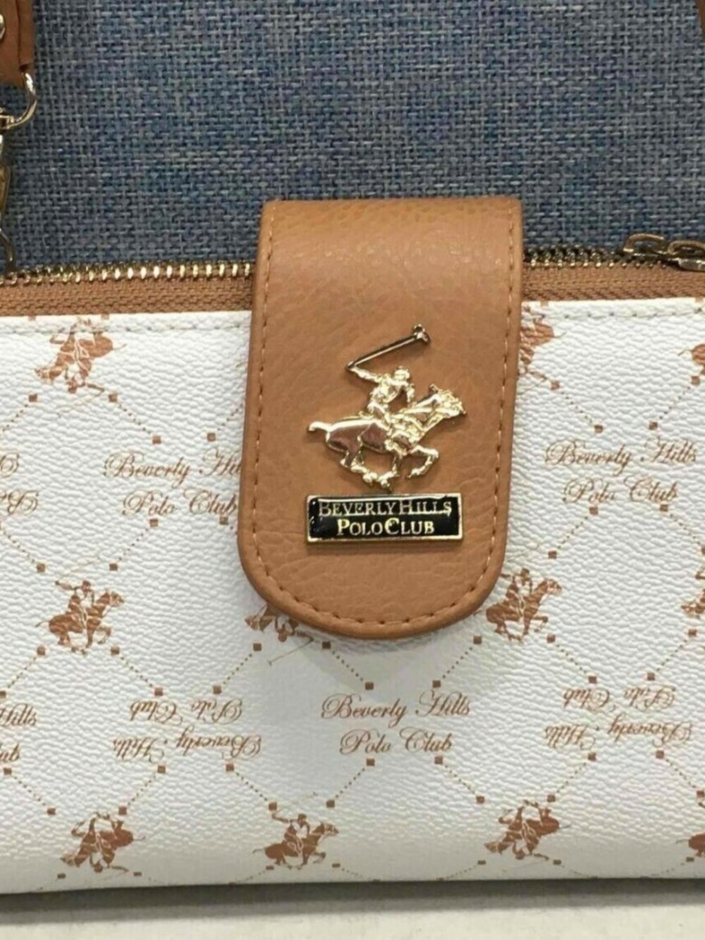 Beverly Hills Polo Club Women Small Clutch Purse w/ Strap Brown White Logo #424